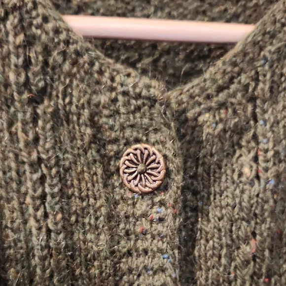 Handmade Olive Green Knit Cardigan with Decorative Goldtone Buttons - Picture 2 of 13